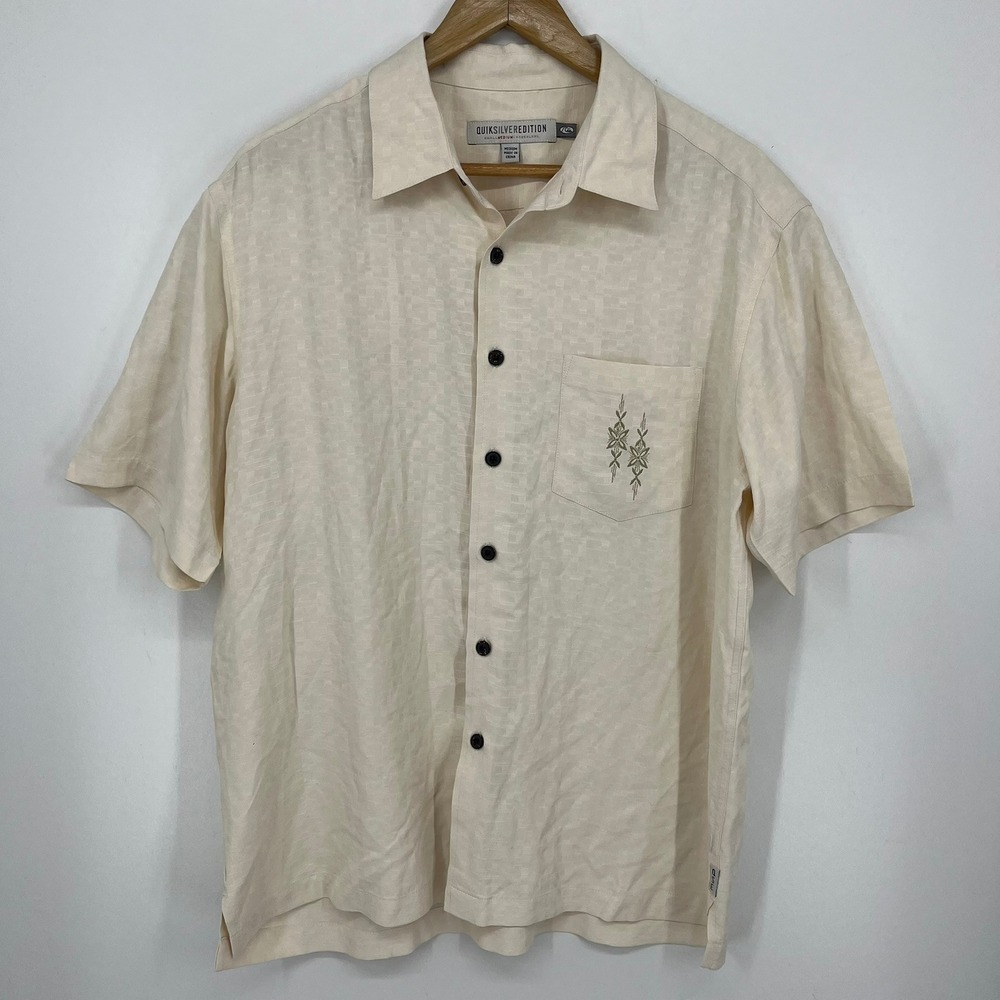 Quiksilver Edition Mens Medium Silk Button Down Shirt Cream Embroidered Pocket